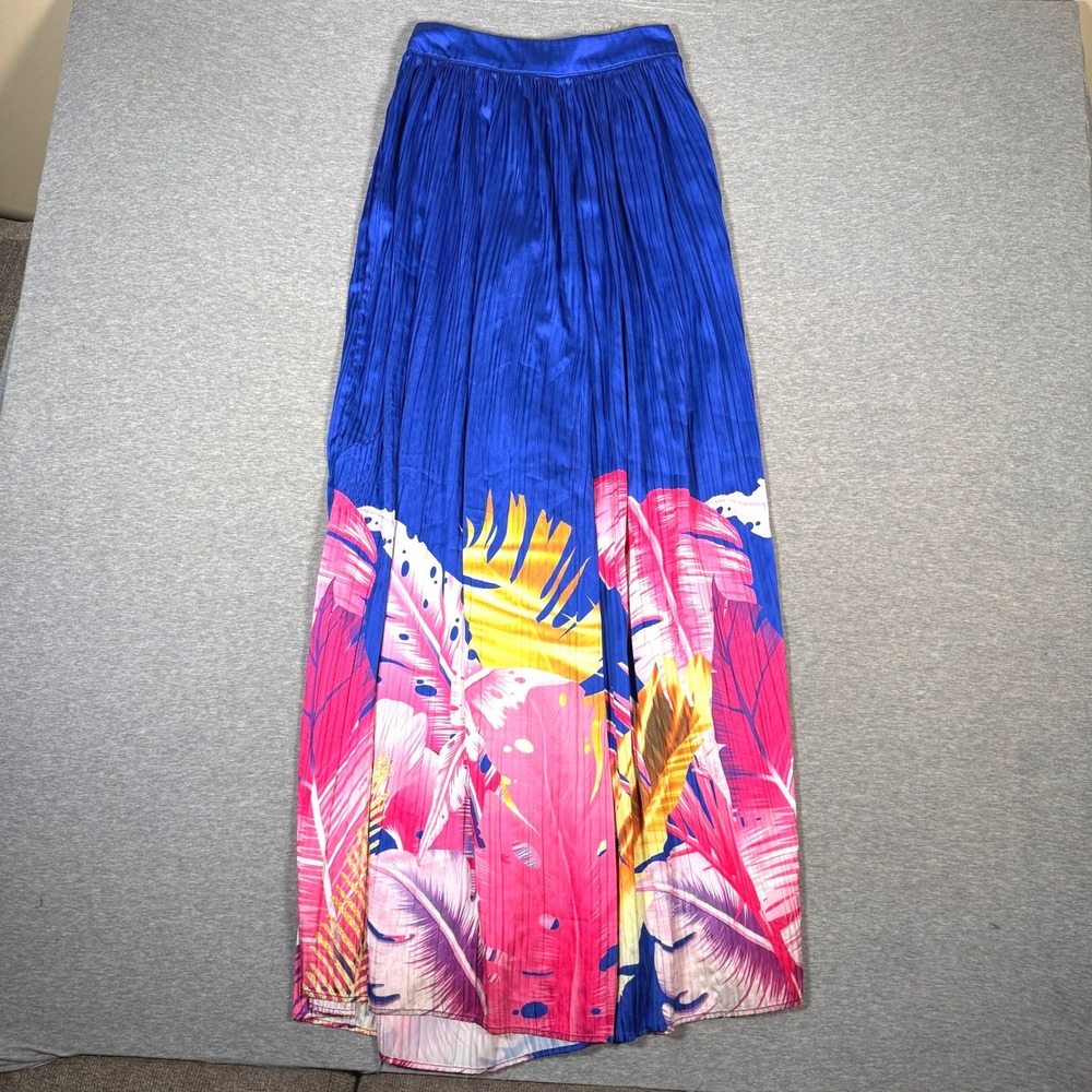 Chicways Royal Blue Tropical Palm Print Pleated Satin Maxi Skirt Medium